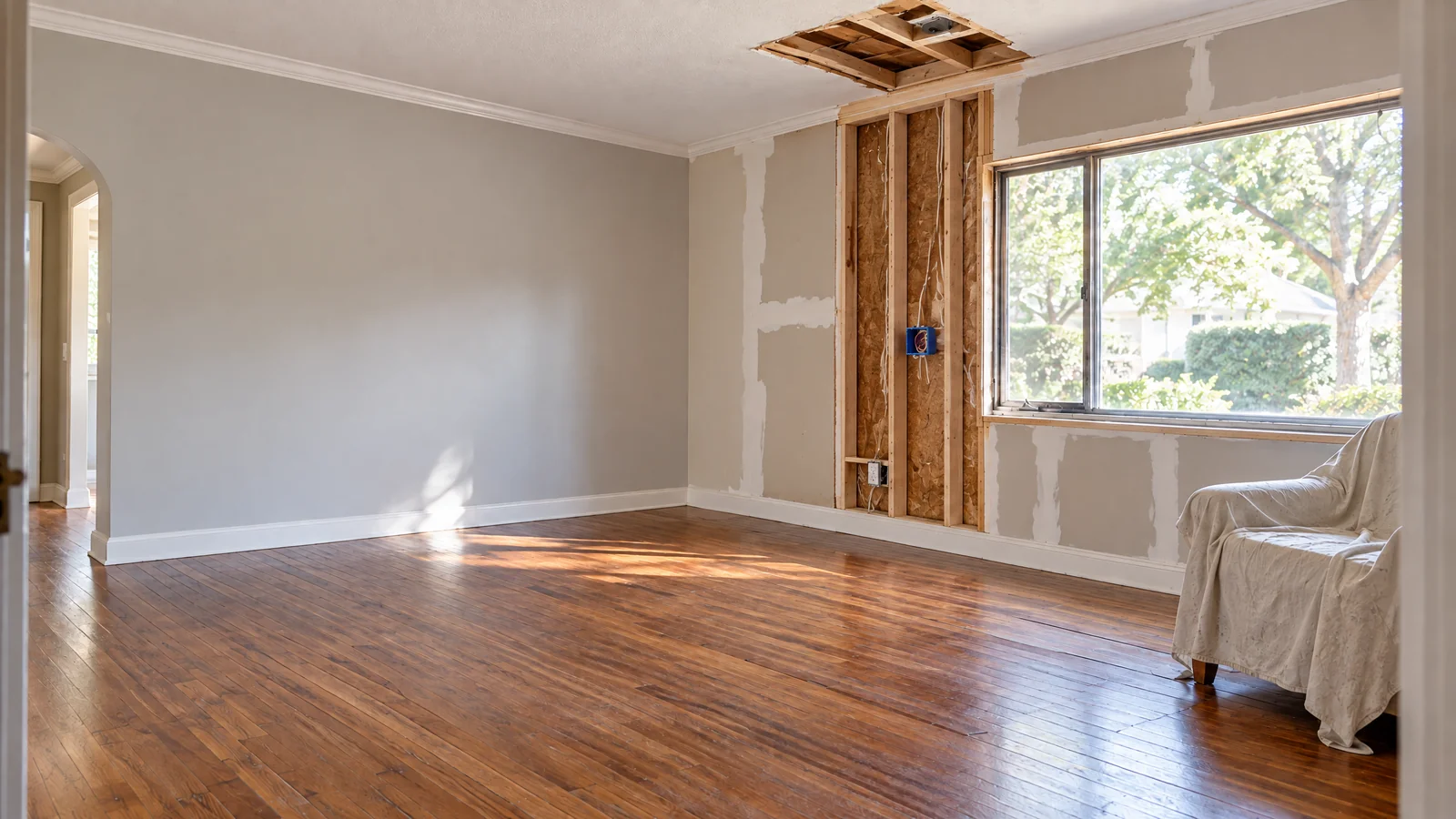 Living room with exposed wall framing, unfinished drywall and an open ceiling section