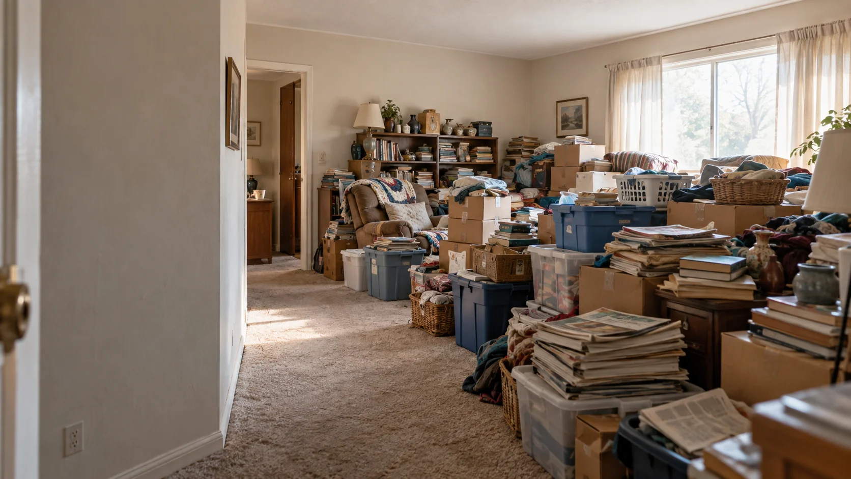 Living room filled with boxes, books and belongings beside a clear walking path