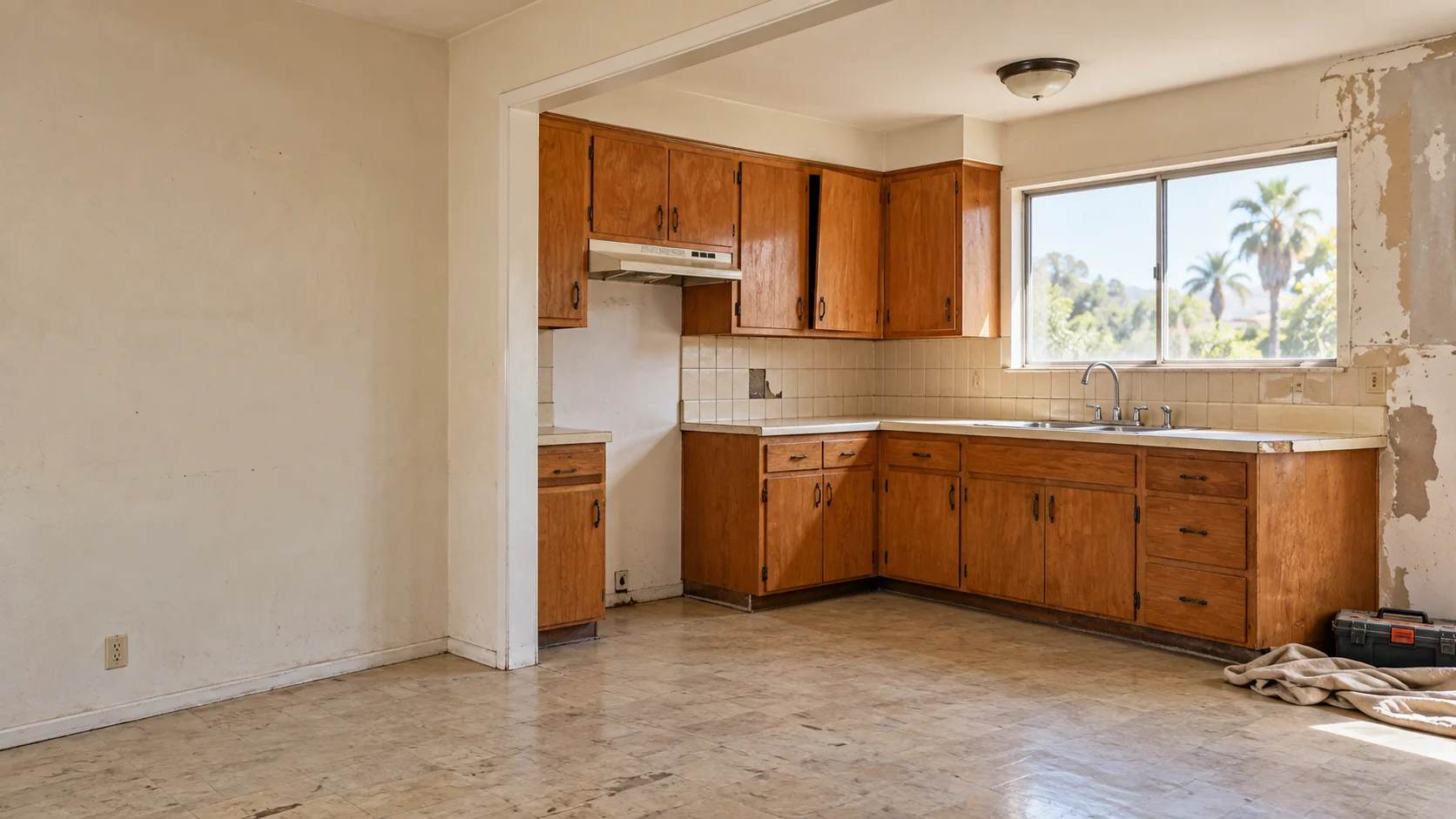 Dated California kitchen with wood cabinets and peeling wall finish awaiting repairs