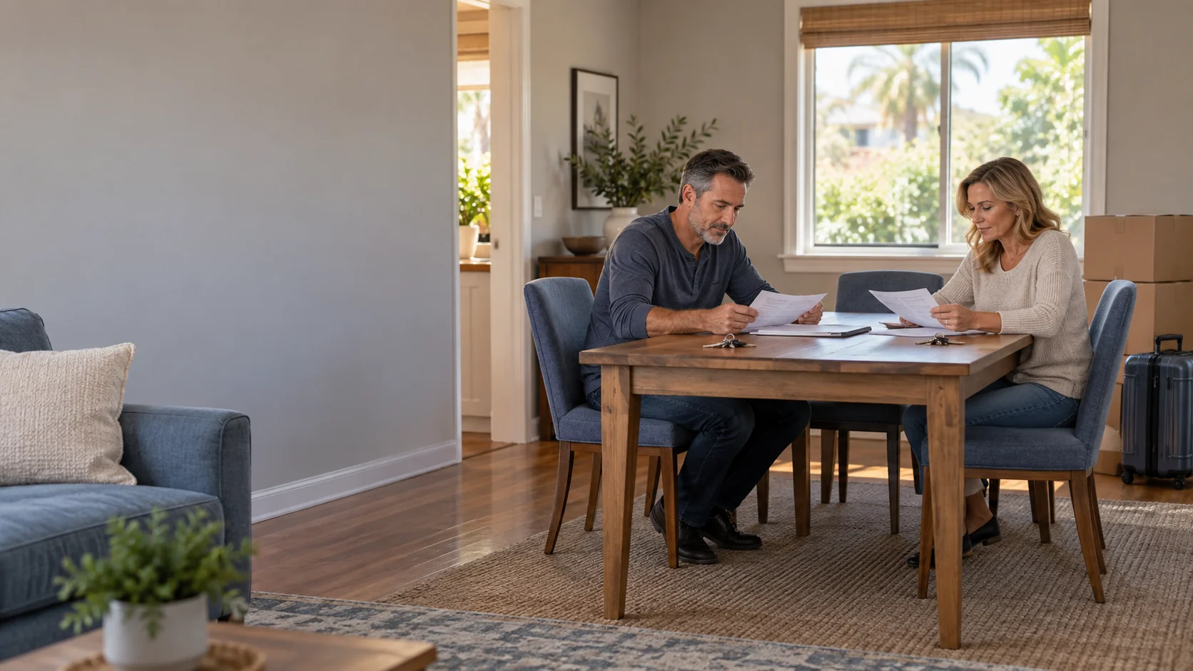 Two adults reviewing house sale paperwork at a dining table with moving boxes nearby