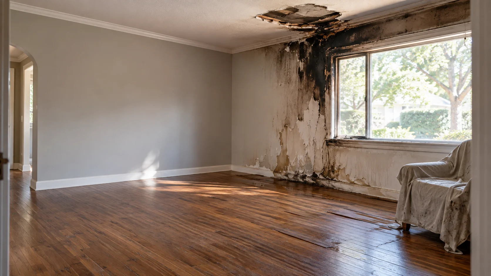 Living room with a charred ceiling and water-stained wall beside a window