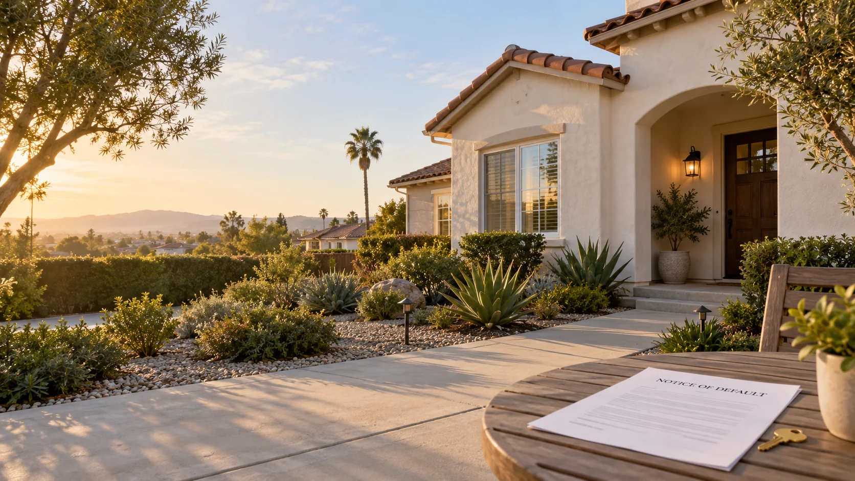 California home with a notice of default and house key on a patio table
