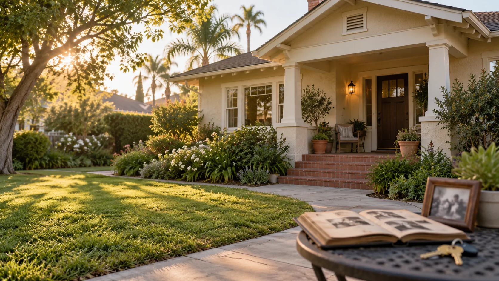 California home at sunset with a family photo album and house key on a patio table