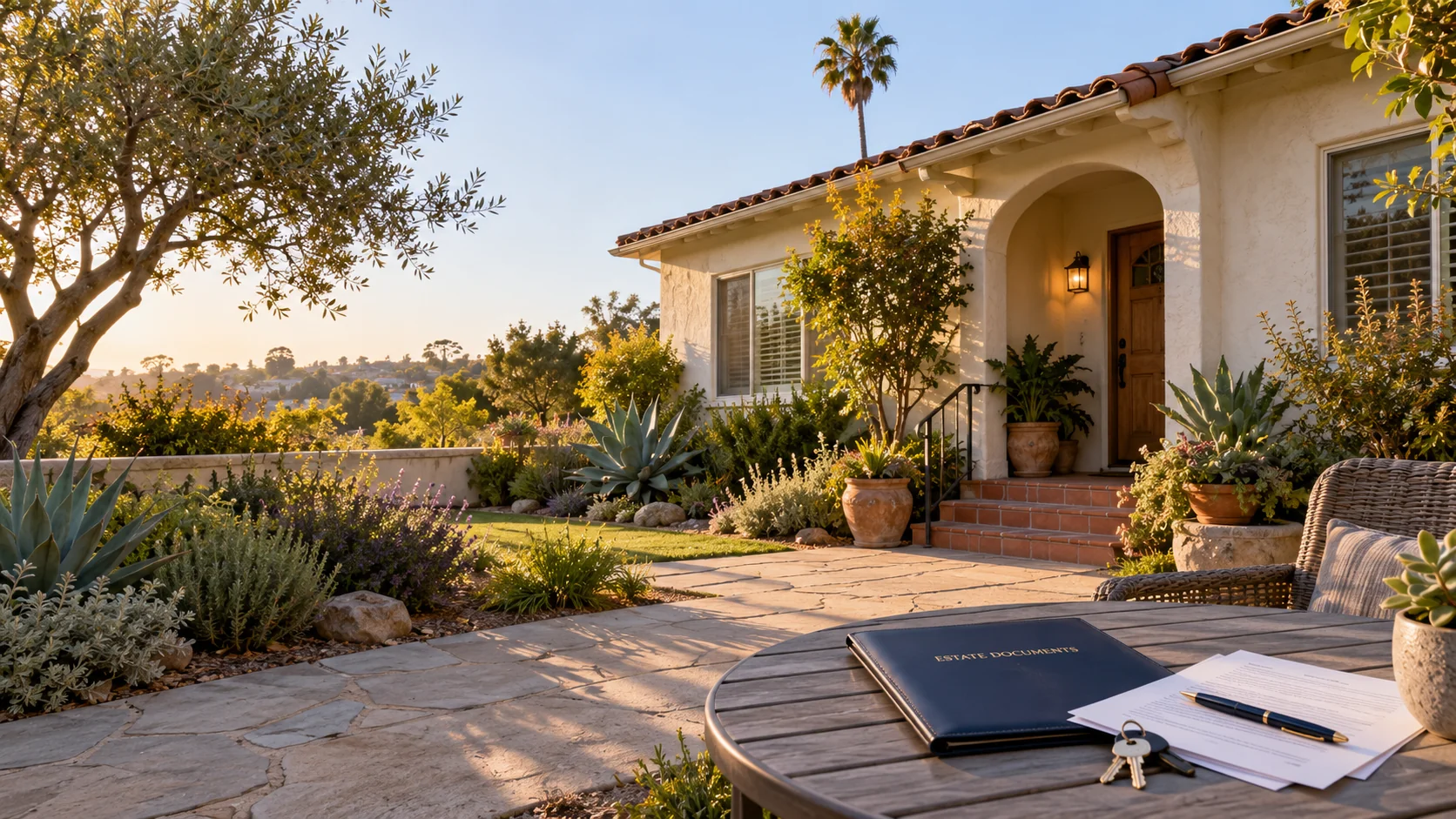 San Diego home with estate documents and house keys on a patio table