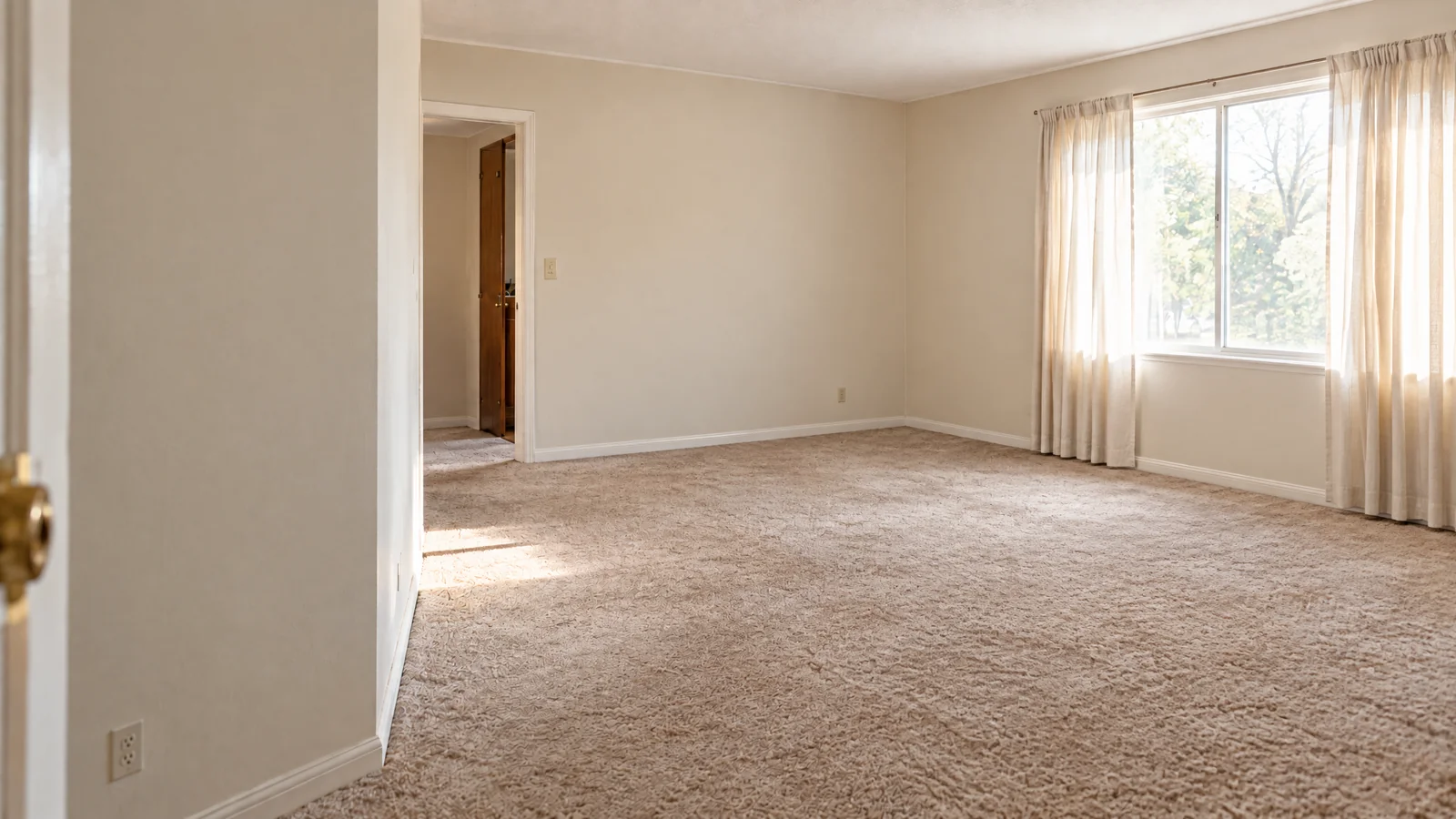 Empty carpeted living room with a large window and doorway
